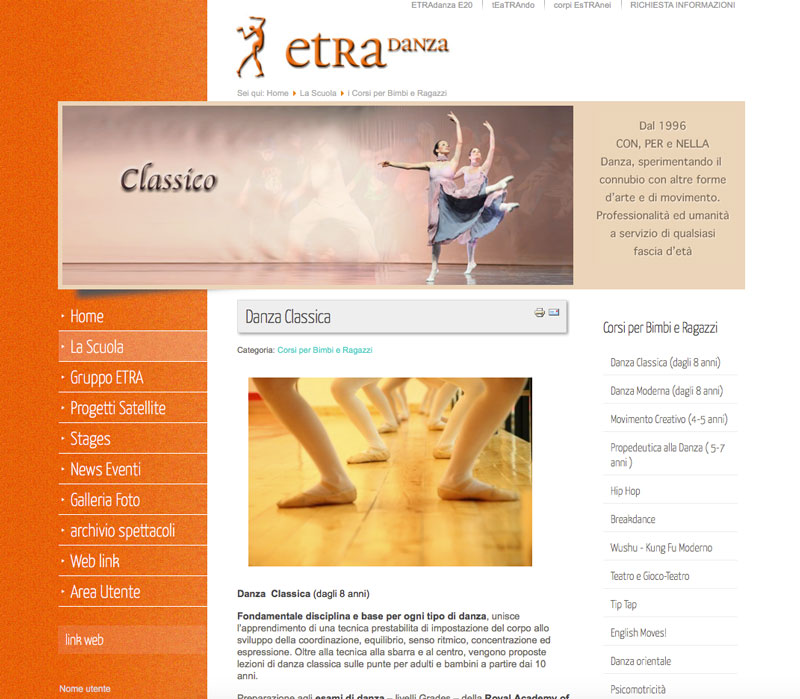 Vista della home del sito dell'associazione EtraDanza realizzato da carlo langaro - web a Vicenza